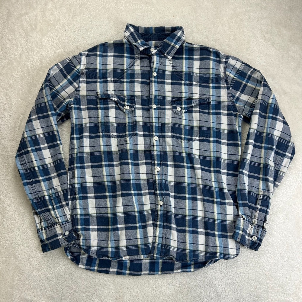 Creep by Hiroshi Awai Button-Up Shirt Mens S Blue Gray Plaid Flannel Outdoor